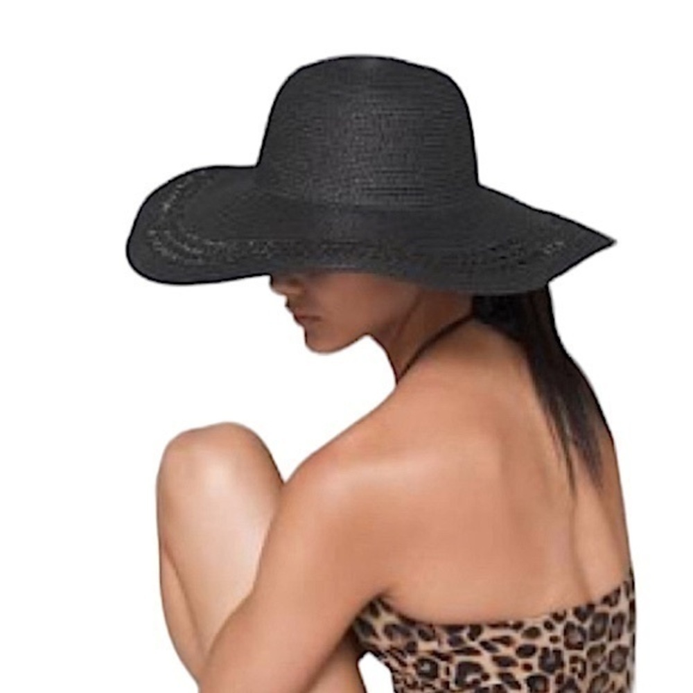 Preston & York Black Wide Brim Straw Hat Ladies Black Woven Sun Hat